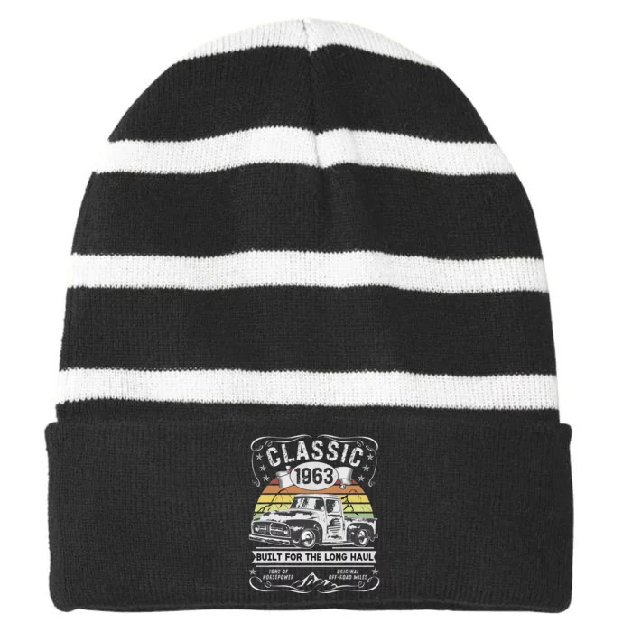 60th Birthday Gift Pickup Truck Women Born 1963 Striped Beanie with Solid Band