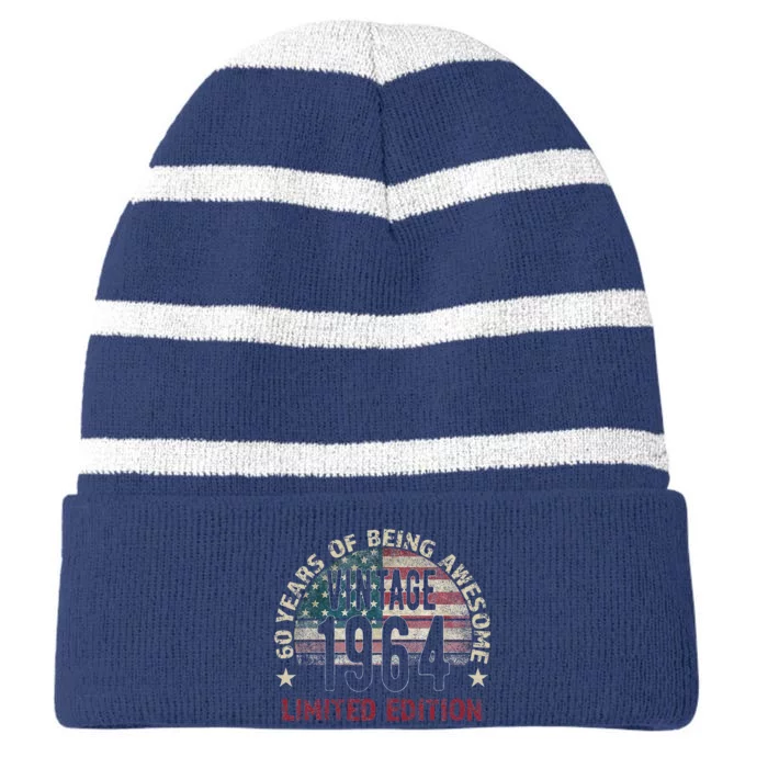 60th Birthday Gift Vintage Born 1964 Turning 60 Year Old Striped Beanie with Solid Band