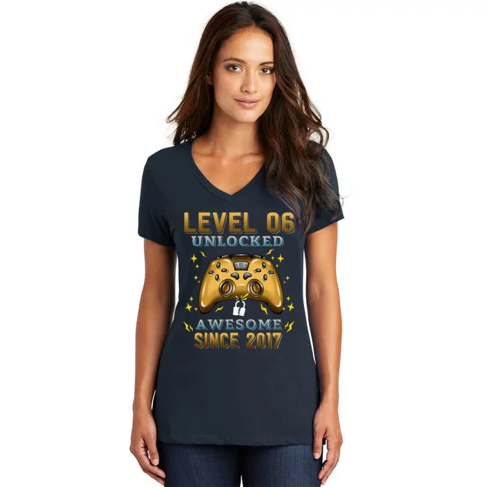 6th Birthday Gifts Level 6 Unlocked 6 Years Old Gamer Women's V-Neck T-Shirt