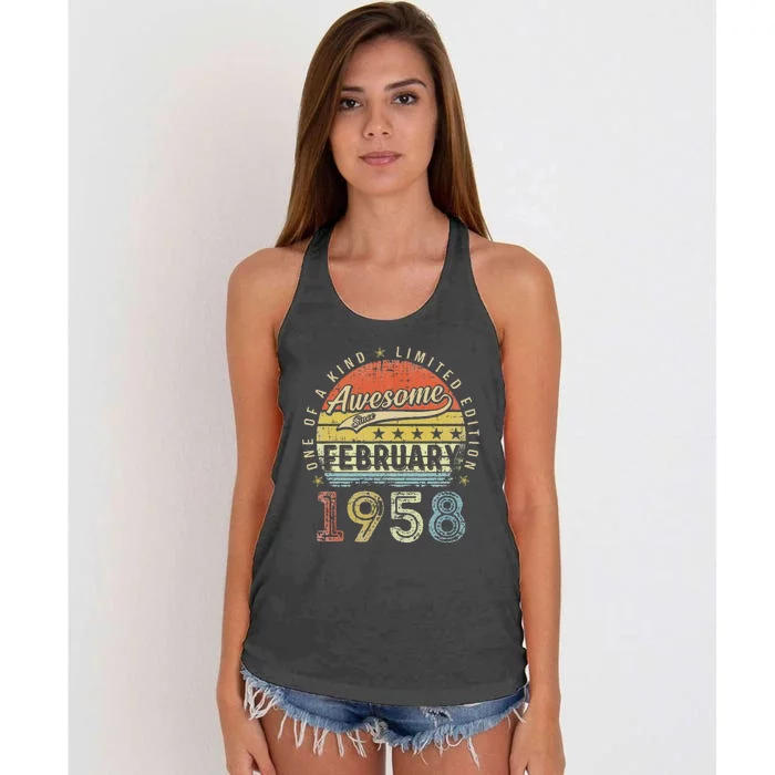 65th Birthday Gift Awesome Since February 1958 65 Year Old Cute Women's Knotted Racerback Tank