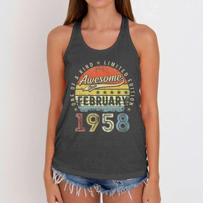 65th Birthday Gift Awesome Since February 1958 65 Year Old Cute Women's Knotted Racerback Tank