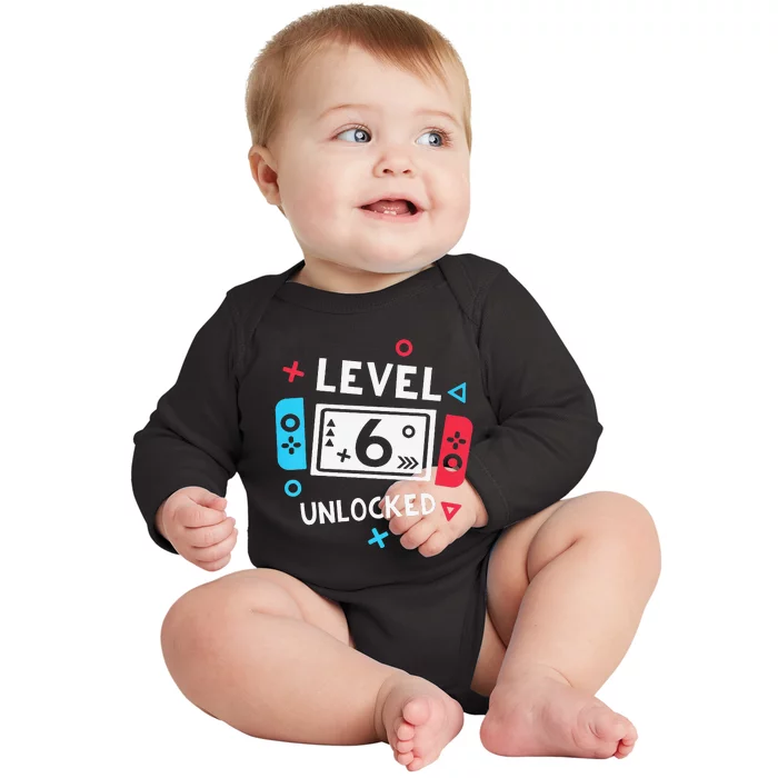 6th Birthday Level 6 Unlocked Video Game Party Baby Long Sleeve Bodysuit