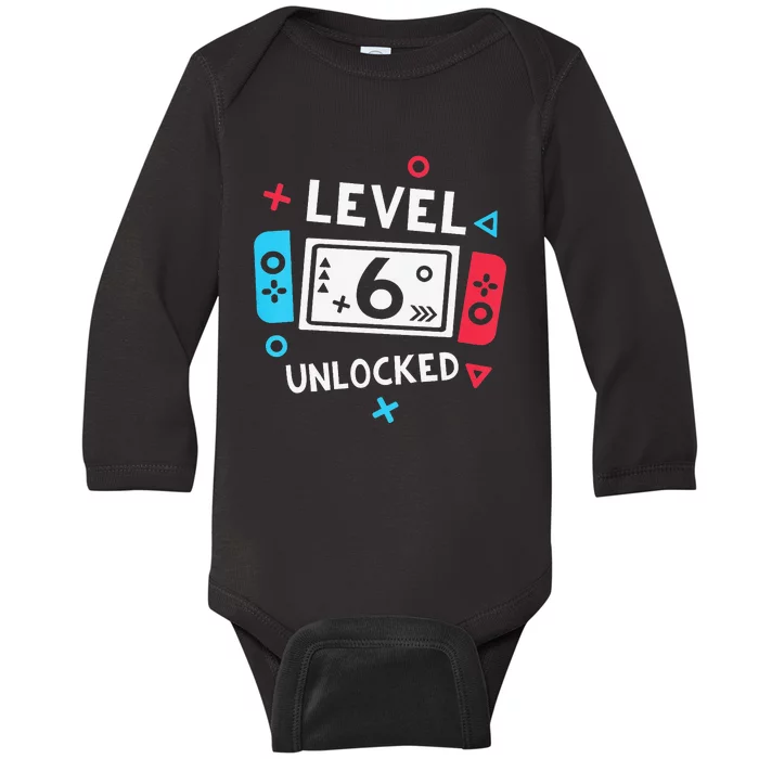 6th Birthday Level 6 Unlocked Video Game Party Baby Long Sleeve Bodysuit