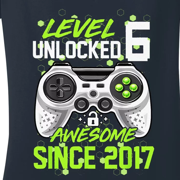 6th Birthday Level 6 Unlocked Awesome 2017 Video Gamer Women's V-Neck T-Shirt