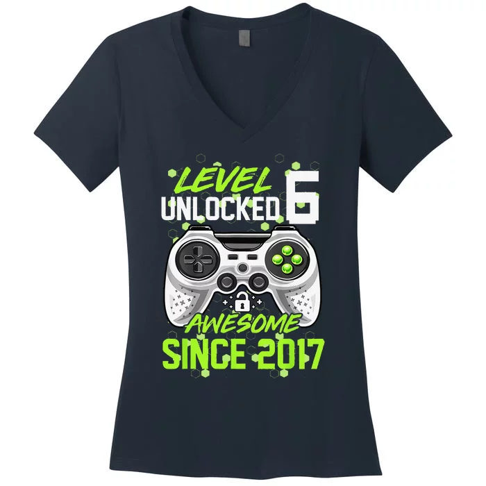 6th Birthday Level 6 Unlocked Awesome 2017 Video Gamer Women's V-Neck T-Shirt