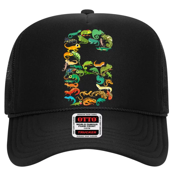 6th Birthday Reptiles Lizards Theme 6 Year Old High Crown Mesh Trucker Hat