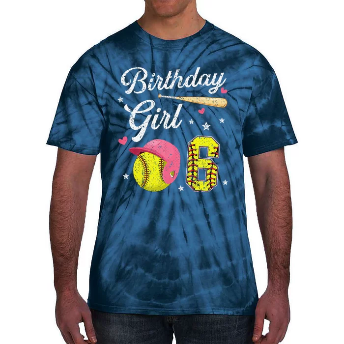 6th Birthday Softball Player Themed Six 6 Years Old Tie-Dye T-Shirt