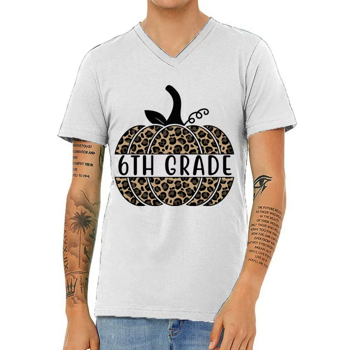 6th Grade Leopard Pumpkin V-Neck T-Shirt