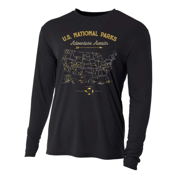 63 National Parks Map Us Park Retro Vintage Camping Hiking Cooling Performance Long Sleeve Crew