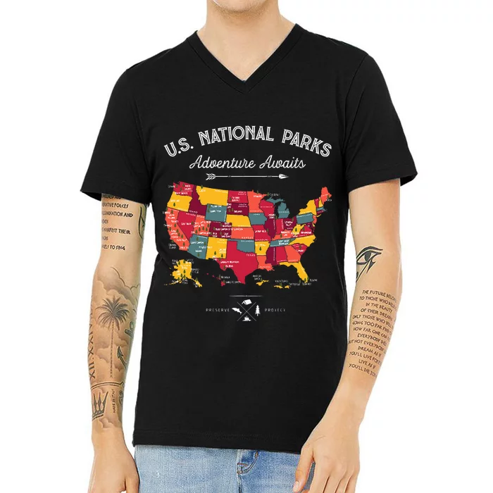 63 National Parks Map US Park Retro Vintage Camping Hiking V-Neck T-Shirt