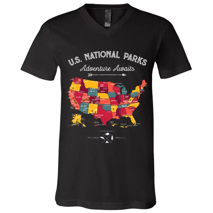 63 National Parks Map US Park Retro Vintage Camping Hiking V-Neck T-Shirt