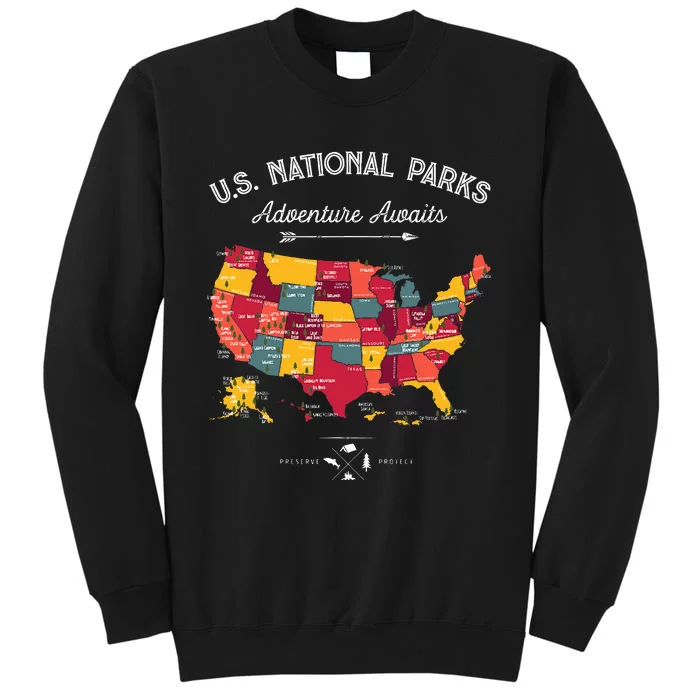 63 National Parks Map US Park Retro Vintage Camping Hiking Tall Sweatshirt