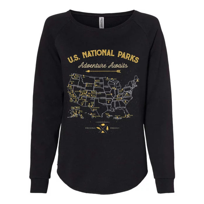 62 National Parks Map Gifts US Park Vintage Camping Hiking Womens California Wash Sweatshirt