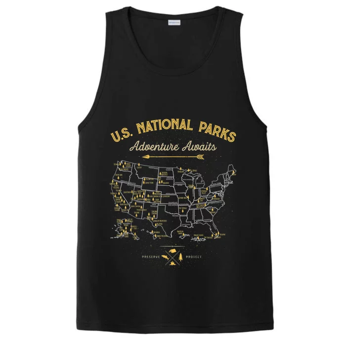 62 National Parks Map Gifts US Park Vintage Camping Hiking Performance Tank