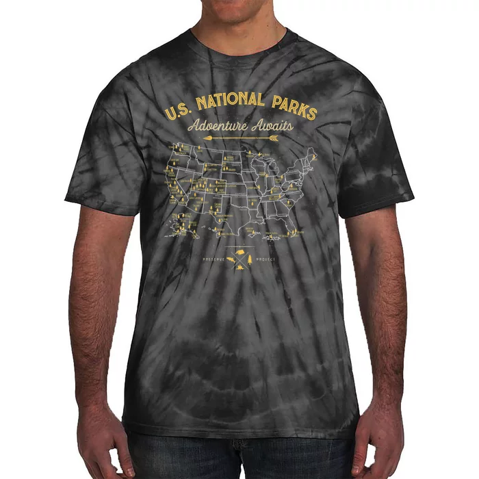 62 National Parks Map Gifts US Park Vintage Camping Hiking Tie-Dye T-Shirt