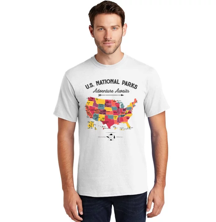 63 National Parks Map US Park Retro Vintage Camping Hiking Tall T-Shirt