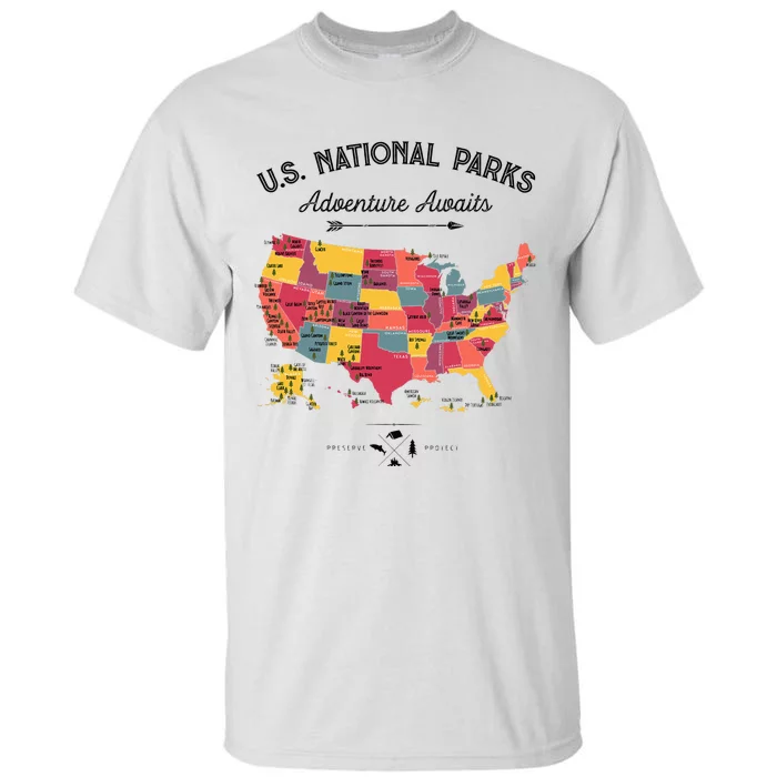 63 National Parks Map US Park Retro Vintage Camping Hiking Tall T-Shirt