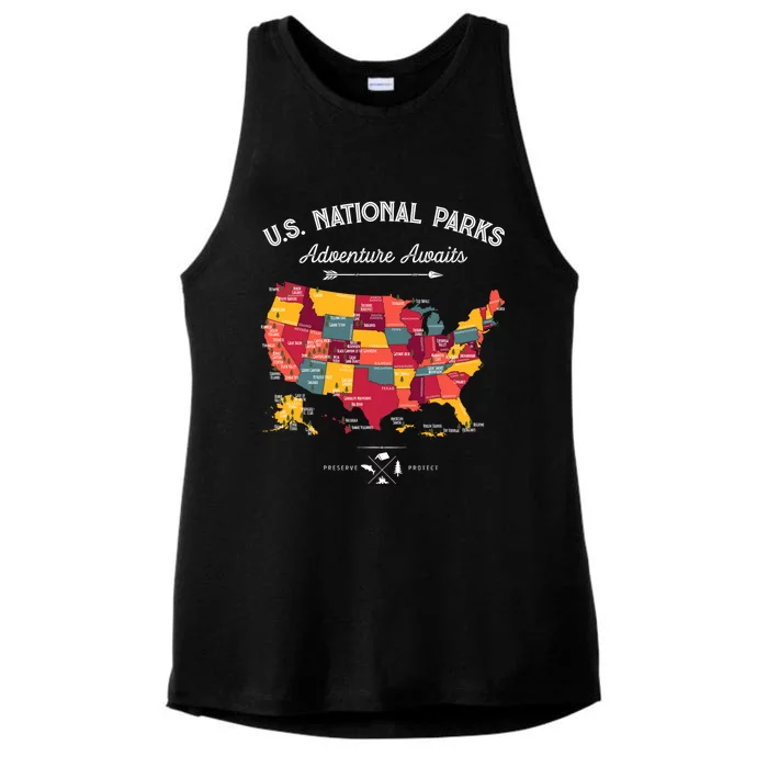 63 National Parks Map Us Park Retro Vintage Camping Hiking Ladies Tri-Blend Wicking Tank