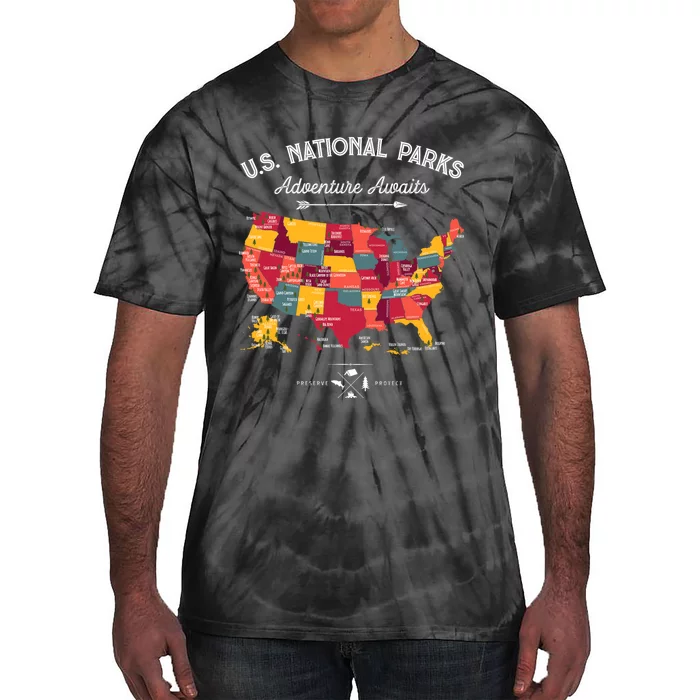 63 National Parks Map Us Park Retro Vintage Camping Hiking Tie-Dye T-Shirt