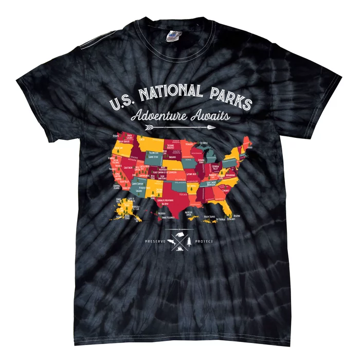 63 National Parks Map Us Park Retro Vintage Camping Hiking Tie-Dye T-Shirt