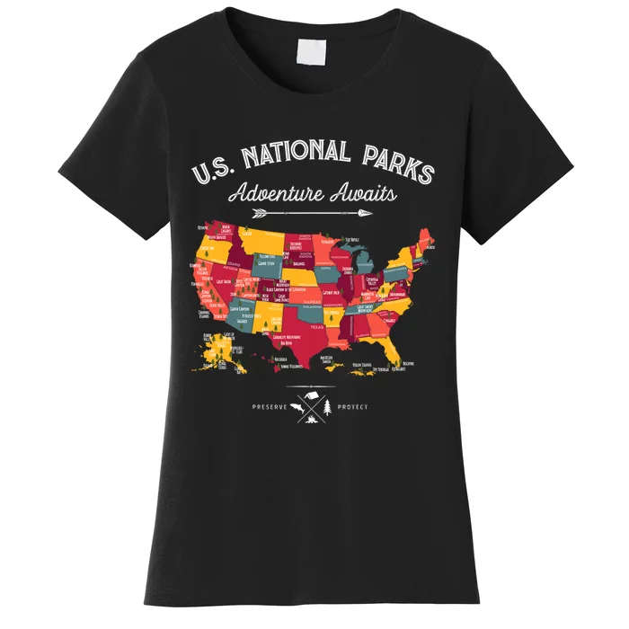 63 National Parks Map Us Park Retro Vintage Camping Hiking Women's T-Shirt