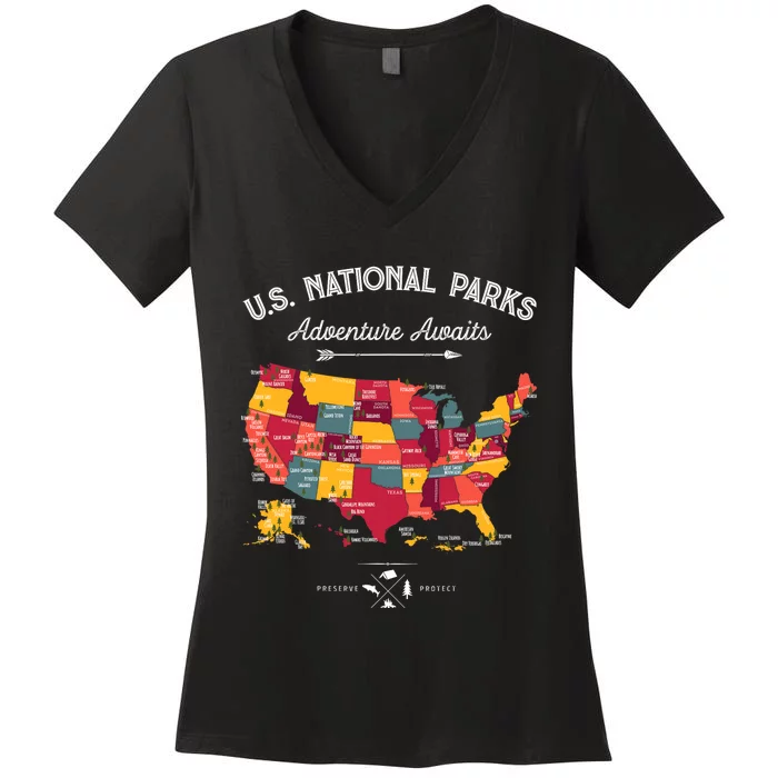 63 National Parks Map Us Park Retro Vintage Camping Hiking Women's V-Neck T-Shirt