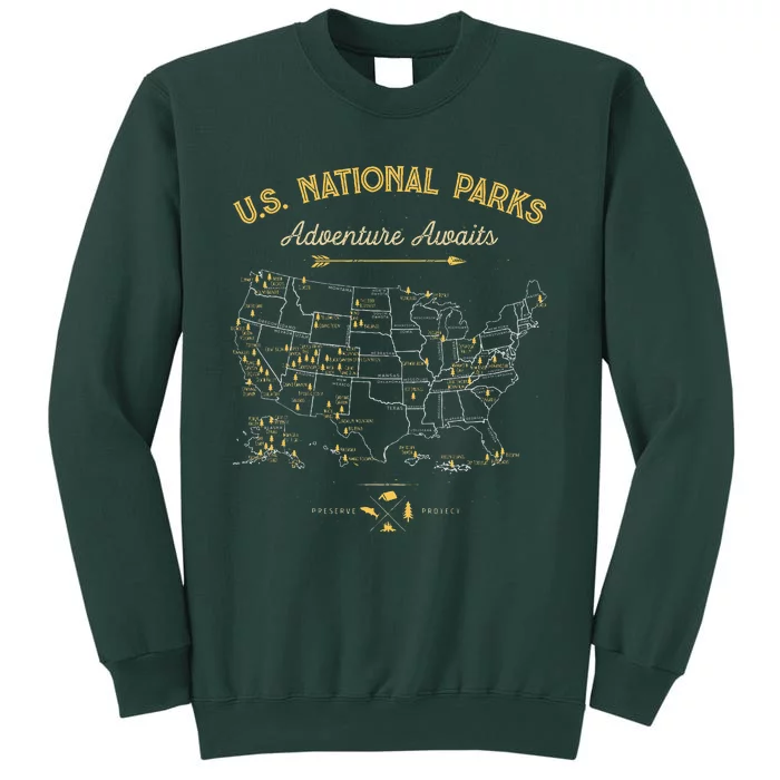 63 National Parks Map US Park Retro Vintage Camping Hiking Tall Sweatshirt