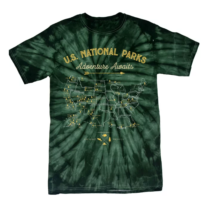 63 National Parks Map US Park Retro Vintage Camping Hiking Tie-Dye T-Shirt