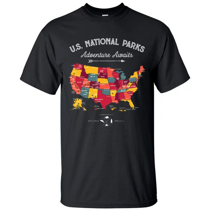 63 National Parks Map US Park Retro Vintage Camping Hiking Tall T-Shirt