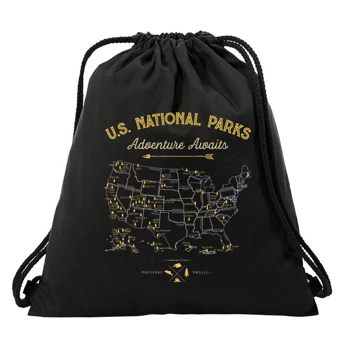 62 National Parks Map Us Park Vintage Camping Hiking Drawstring Bag