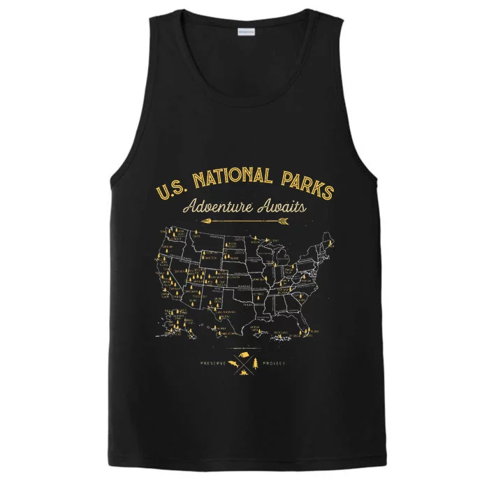 62 National Parks Map Us Park Vintage Camping Hiking Performance Tank