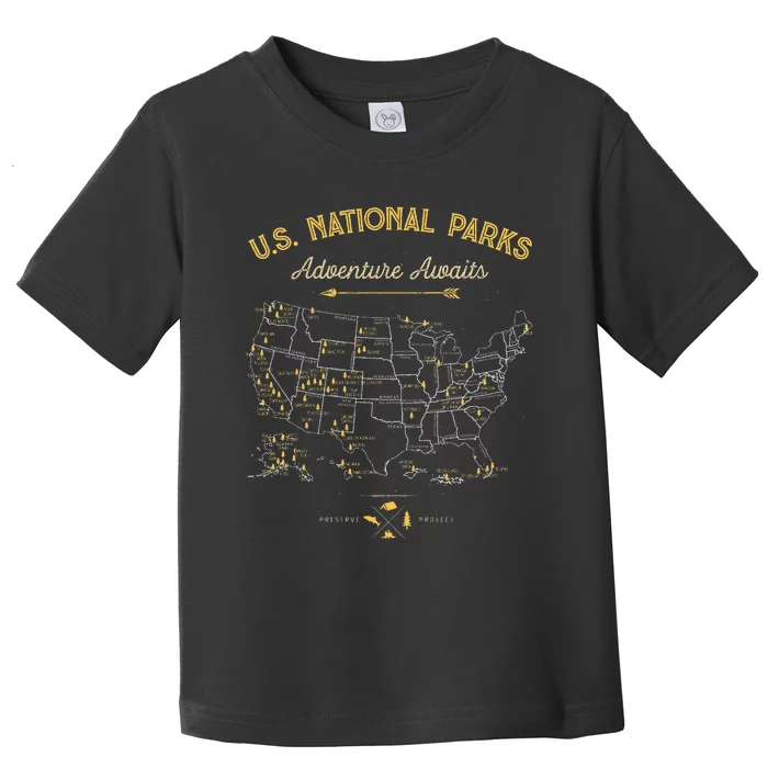 62 National Parks Map Us Park Vintage Camping Hiking Toddler T-Shirt