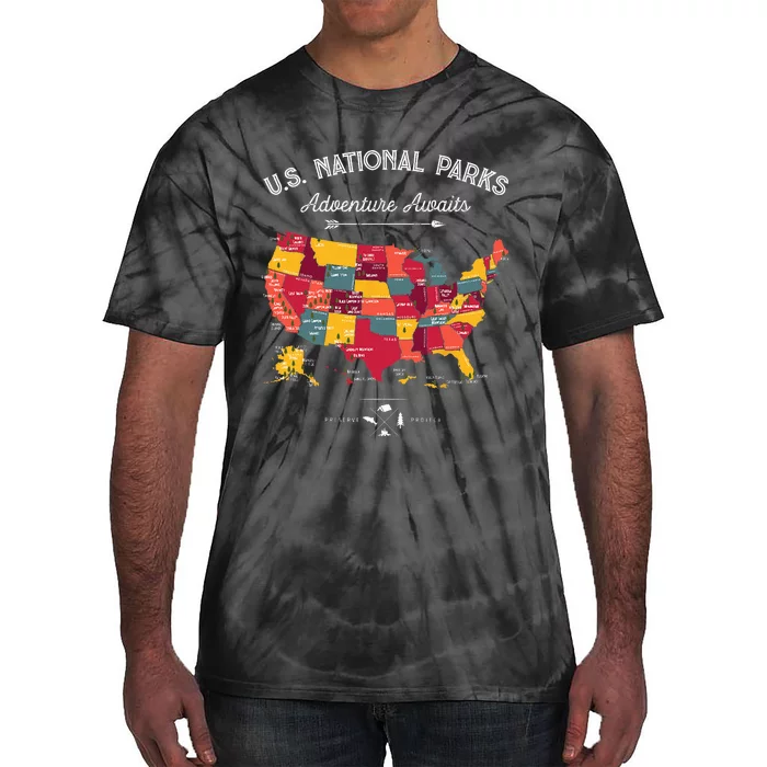 63 National Parks Map US Park Retro Vintage Camping Hiking Tie-Dye T-Shirt