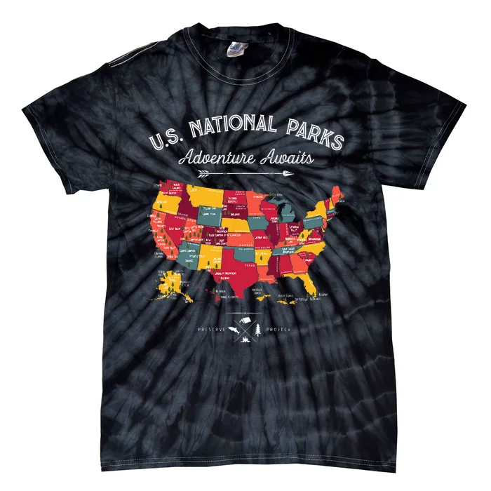 63 National Parks Map US Park Retro Vintage Camping Hiking Tie-Dye T-Shirt