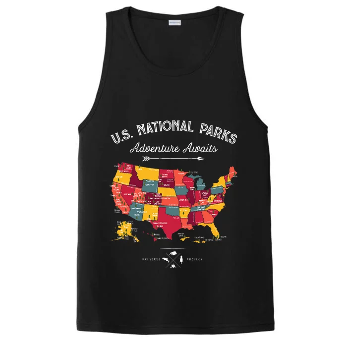 63 National Parks Map US Park Retro Vintage Camping Hiking Performance Tank