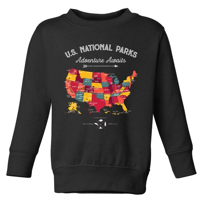 63 National Parks Map US Park Retro Vintage Camping Hiking Toddler Sweatshirt