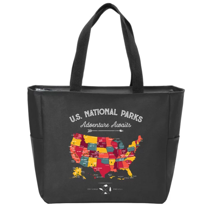 63 National Parks Map US Park Retro Vintage Camping Hiking Zip Tote Bag