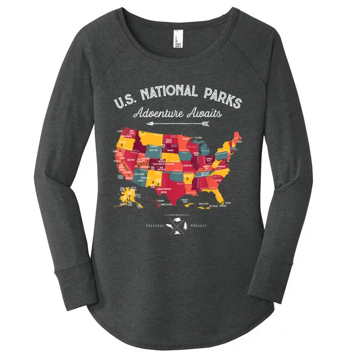 62 National Parks Map Gifts US Park Vintage Camping Hiking Gift Women's Perfect Tri Tunic Long Sleeve Shirt