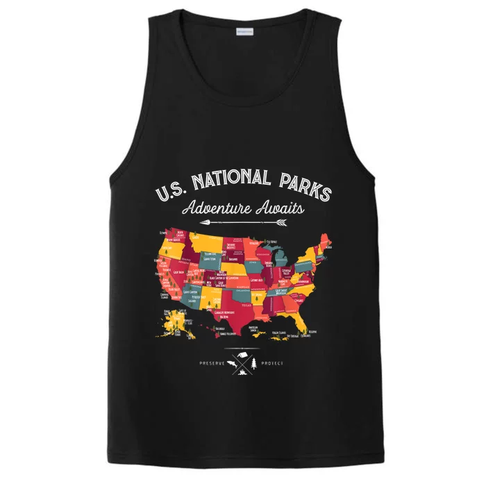 62 National Parks Map Gifts US Park Vintage Camping Hiking Gift Performance Tank