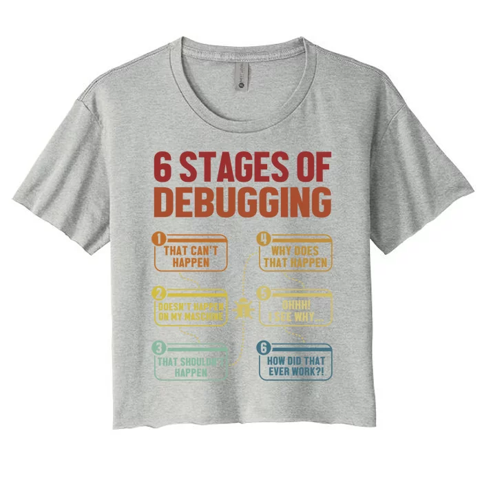 6 Stages Of Debugging Full Stack Coder Software Developer Funny Gift Women's Crop Top Tee