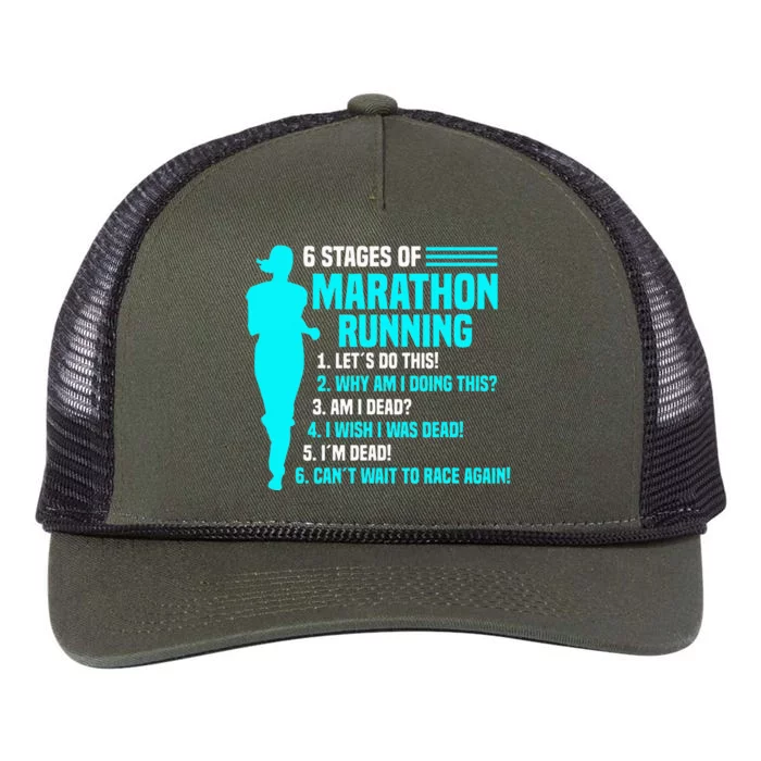 6 Stages Of Marathon Running Marathoner 26.2 Funny Runner Retro Rope Trucker Hat Cap