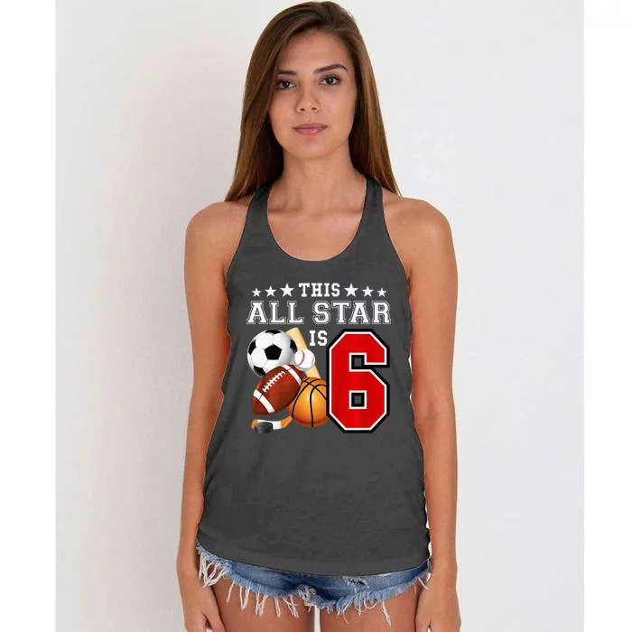 6 Year Old Sports Star Birthday Party All Sport 6th Gift Women's Knotted Racerback Tank