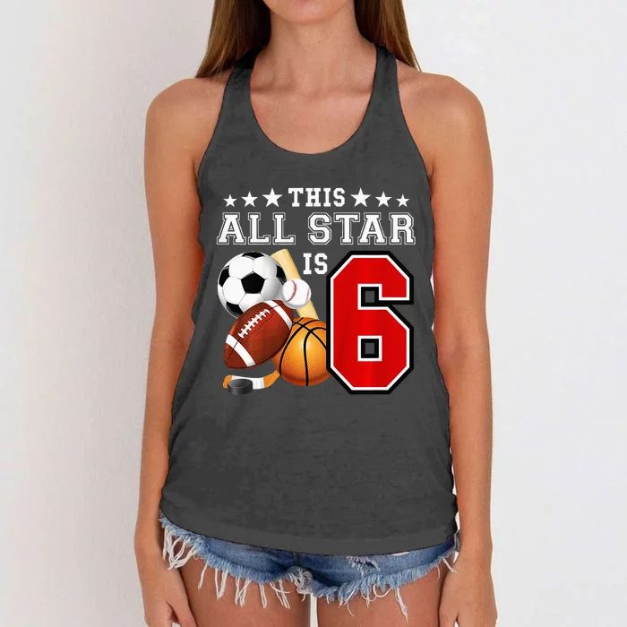 6 Year Old Sports Star Birthday Party All Sport 6th Gift Women's Knotted Racerback Tank