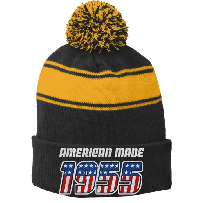 68 Year Old: Vintage Classic Car 1955 68th Birthday Stripe Pom Pom Beanie