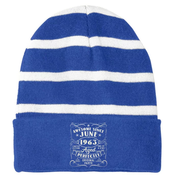 60 Year Old Awesome Since June 1963 60th Birthday Striped Beanie with Solid Band