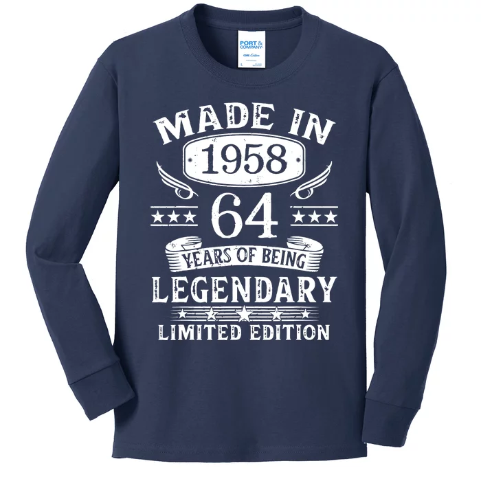 64 Years Old Made In 1958 Shirt 64th Birthday Gift Kids Long Sleeve Shirt