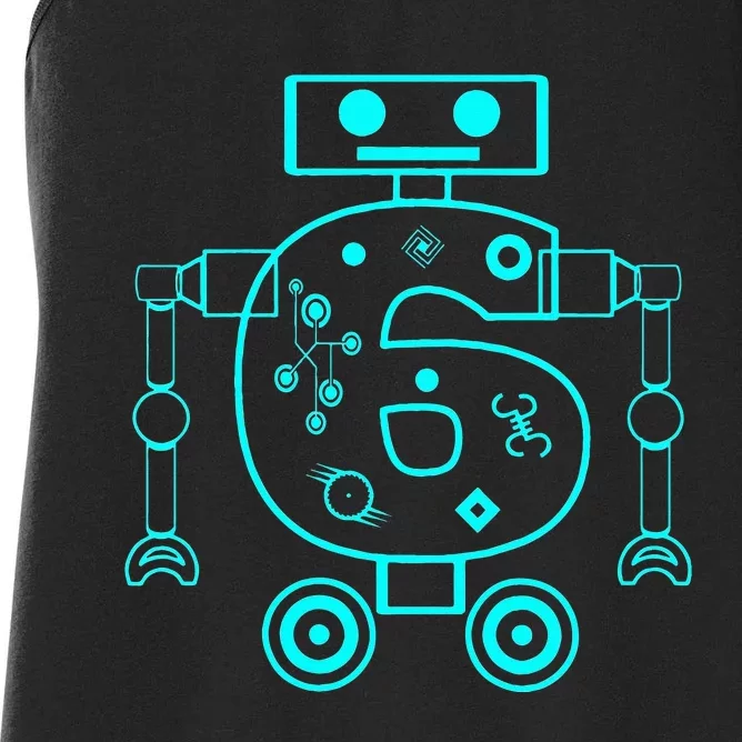 6 Year Old 6th Birthday Robot Themed Party Gift Women's Racerback Tank