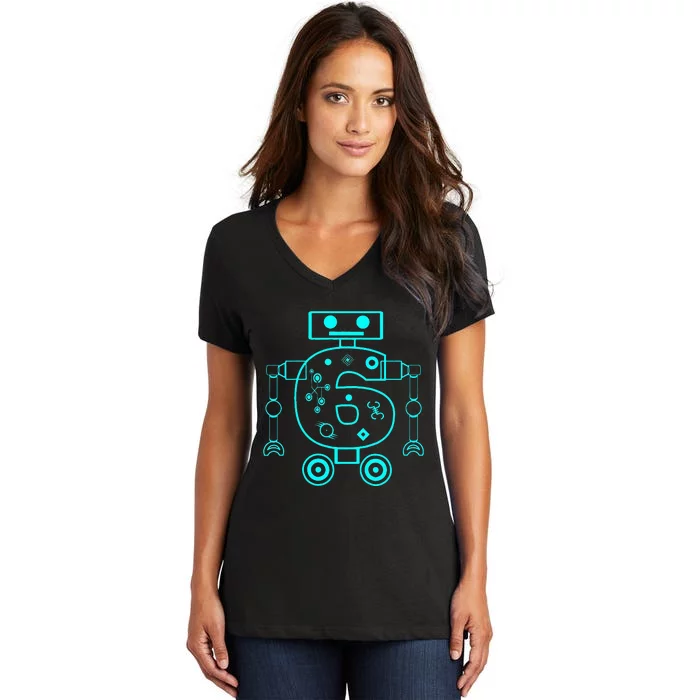 6 Year Old 6th Birthday Robot Themed Party Gift Women's V-Neck T-Shirt