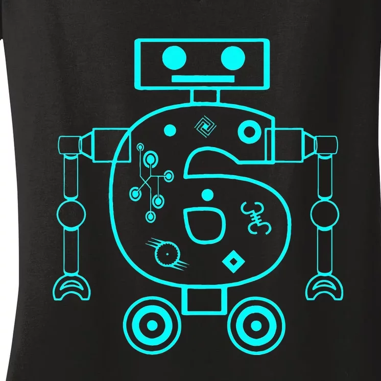 6 Year Old 6th Birthday Robot Themed Party Gift Women's V-Neck T-Shirt