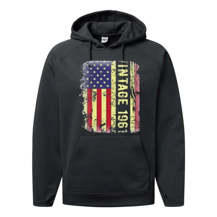 62 Year Old Gifts Vintage 1961 American Flag 62nd Birthday Performance Fleece Hoodie